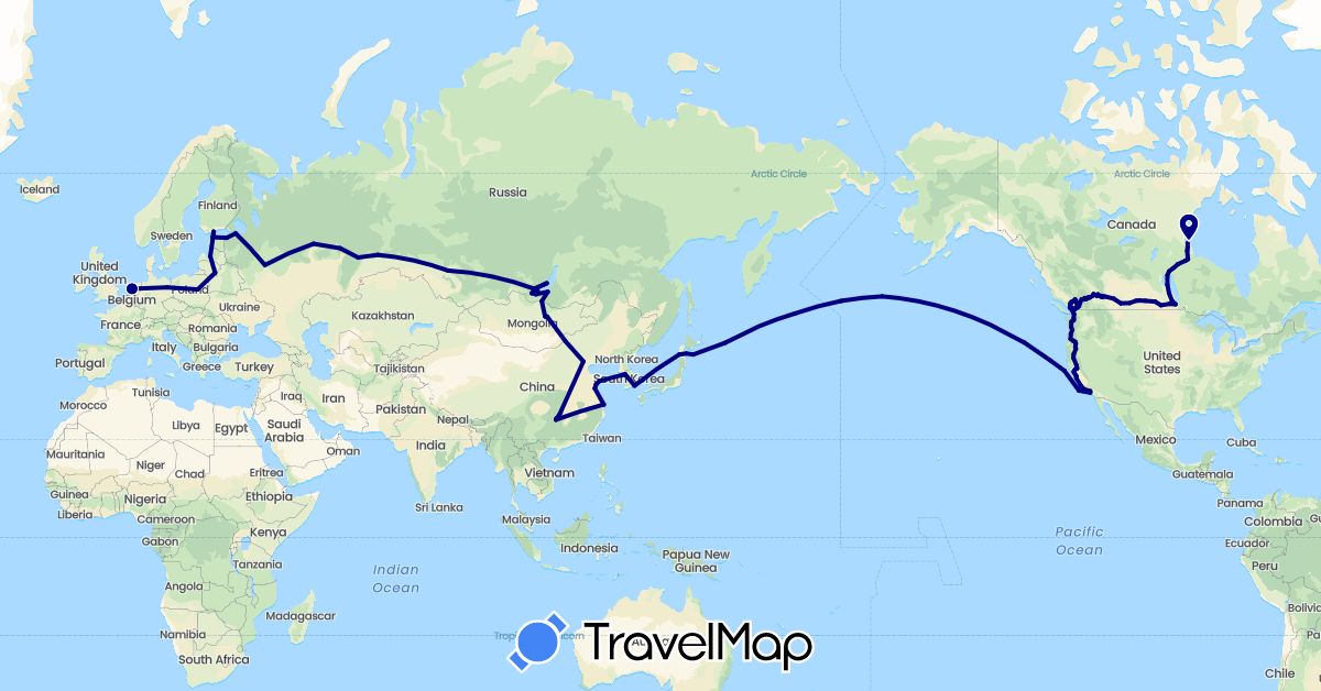 TravelMap itinerary: driving in Canada, China, Germany, Estonia, Finland, South Korea, Lithuania, Latvia, Mongolia, Netherlands, Poland, Russia, United States (Asia, Europe, North America)